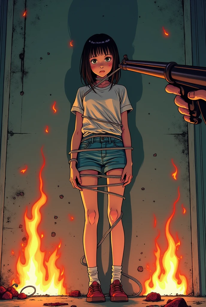 Make a 16 year old girl tied hand and foot with threads, and those threads are connected to the trigger of a shotgun. I want the drawing style to be like that of 80s animes. The girl has to be tied to a wall, on tiptoe, that the feet do not reach the ground. I want the threads to be visible, and the girl is depressed. Also that the girl is covered in blood, that he has blood on his clothes and flames of fire around him and that the shotgun is pointed at his head