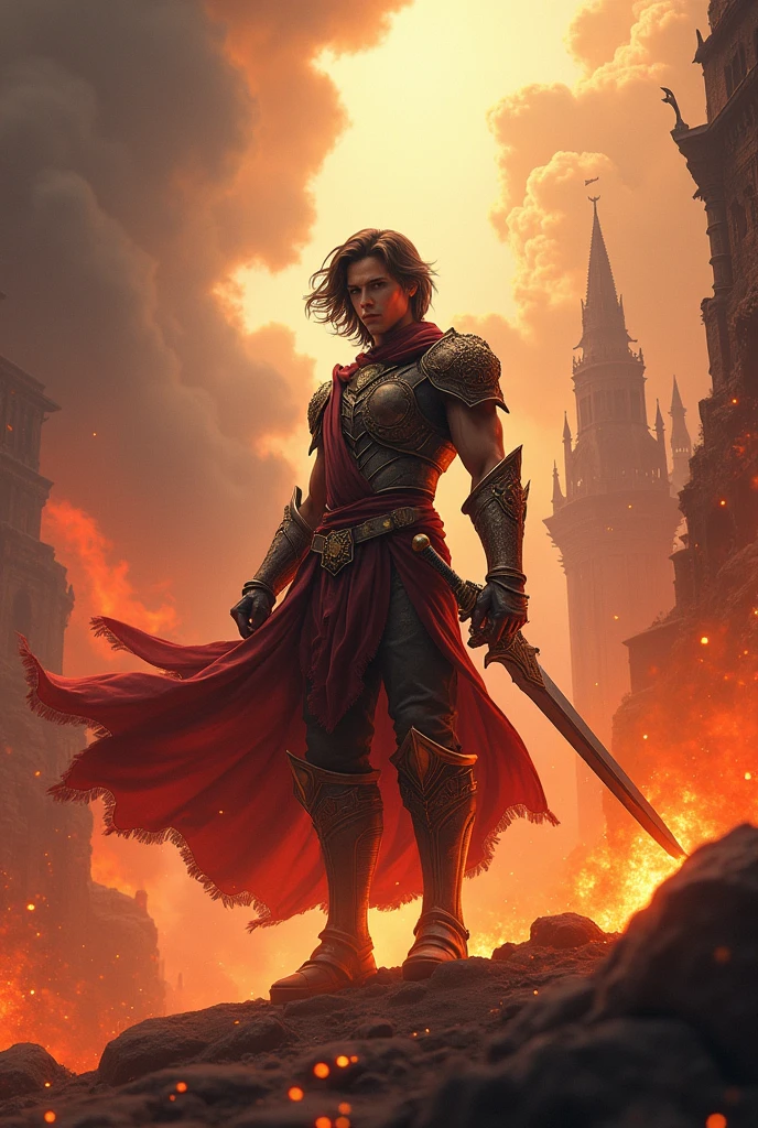 An RPG game cover featuring a young man with medium-length hair in a hero pose with his sword raised behind his back., in a kingdom of flames