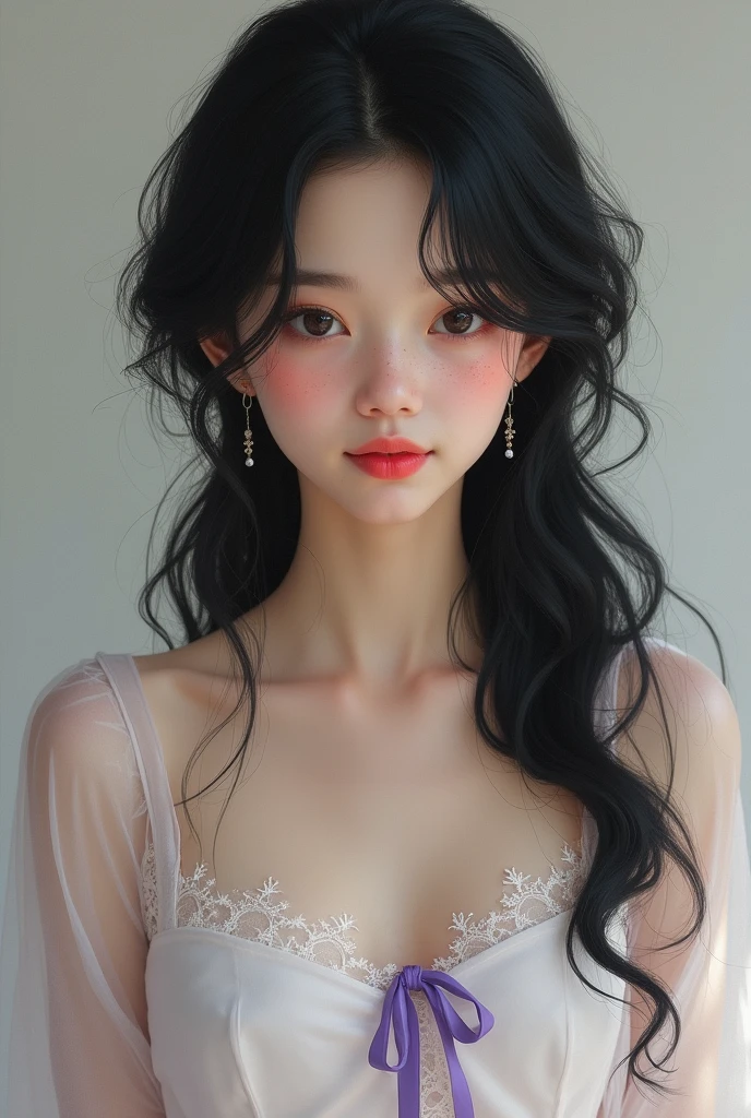 Girl with jet black hair, pale and freckled skin, red lips and charming smile, wearing a white dress with purple details