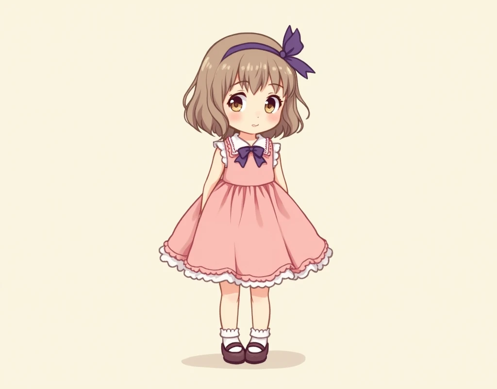 cute anime girl with shoulder length, slightly wavy light brown hair, purple bow in hair, wearing a 1950s-styled sleeveless pink dress with peter pan collars and hemline above the knees, a pair of mary jane shoes and socks. plain background. no sleeves.