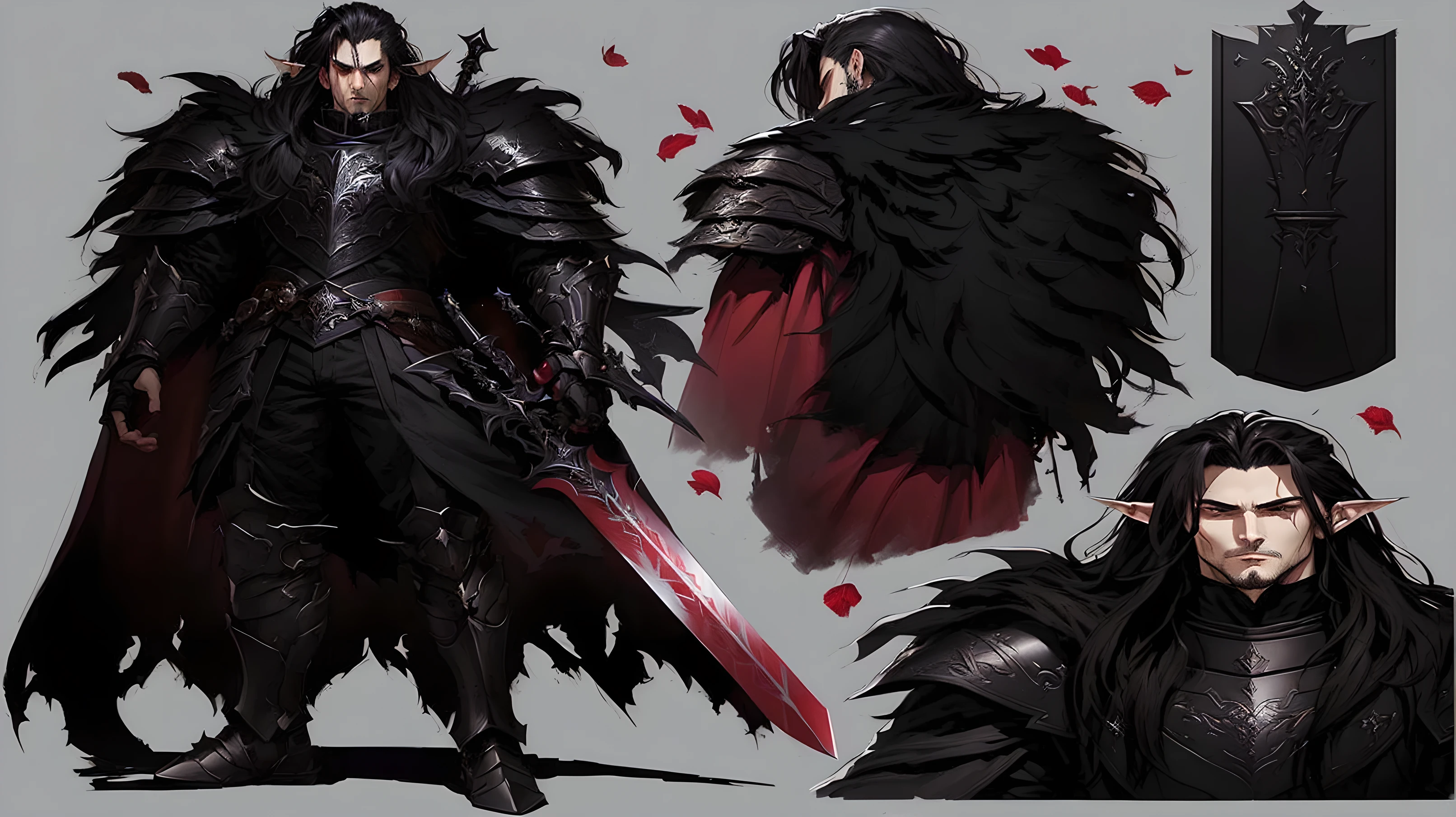 a drawing of a male character with a sword and armor, dark fantasy design of character, male vampire of clan banu haqim, demon noble design of character, detailed design of character, male design of character, warrior design of character, fantasy design of character, handsome guy in demon slayer art, male vampire, anthropomorphic raven knight, dark fantasy style art, [ design of character ]