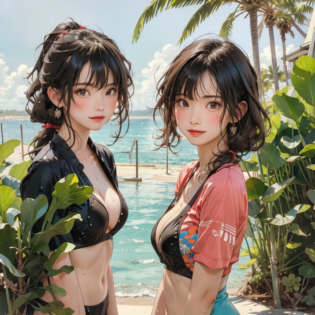 ((highest quality, masterpiece, High resolution)), ((reality)),Photos of beautiful Japanese women,((anime art))、 (((1 girl))), normal size breasts, slim body shape, long ponytail,double eyelid, Wet see-through micro bikini, A pareo with bold ethnic patterns and plenty of primary colors、(Brown skin:1.4),realistic skin、Wet,whole body,cinematic light、tropical、Against the background of palm trees on both sides、on a sunny beach、With the sea in the background、blur background、smile