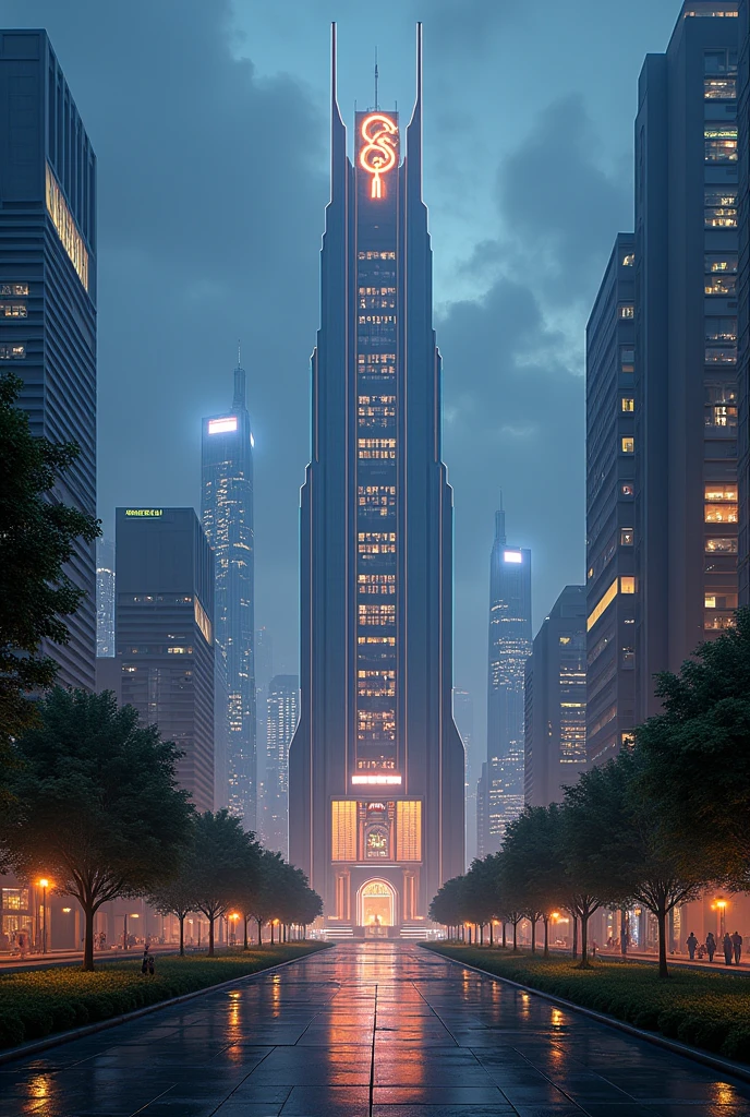 capital building, city hall, city centre, unbelievably tall city hall, extremely tall city hall, ultra tall, multiple buildings, spotlights, birdseye view ,art deco design,streamline moderne,futuristic architecture, Abstraction,modern style,Luxury and Luxury,Future night view,Futuristic decorative elements,Metallic,number line,sci-fi lamp,Virtual Engine,Unreal rendering, neon logo, greenery,