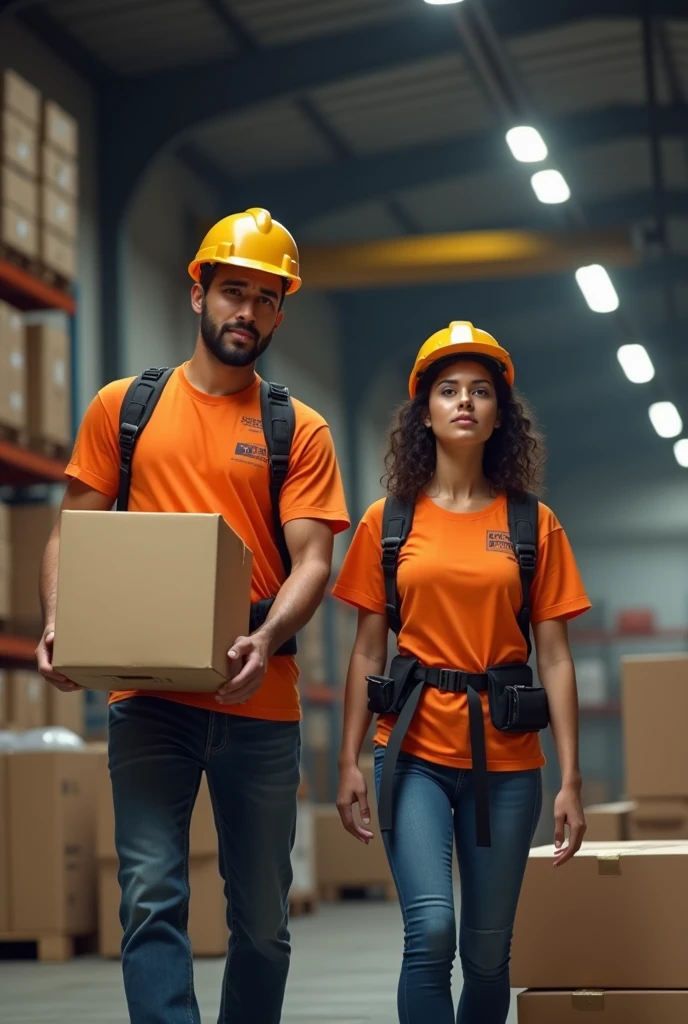 (photorealism:1.2), A boy (man) and a girl (women), mexicans, both 27 years old, chargers, Orange shirt, jeans, Loading packages and boxes, in the background there is a warehouse of a house of materials, with load belt, safety helmet, black cargo belt, harness