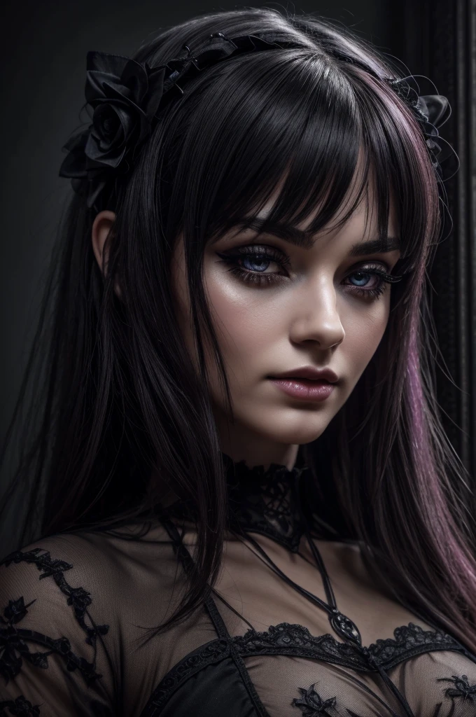 A beautiful gothic girl, detailed eyes, long eyelashes, detailed lips, detailed face, alone, (best quality,4k,8k,highres,masterpiece:1.2),ultra-detailed,(realistic,photorealistic,photo-realistic:1.37),HDR,UHD,studio lighting,ultra-fine painting,sharp focus,physically-based rendering,extreme detail description,professional,vivid colors,gothic,remilia scarlet