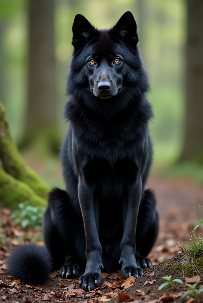 Theres a black wolf sitting in the forest. His wolf sheath between his legs and balls too. his cock peeks out. Its ready to fuck