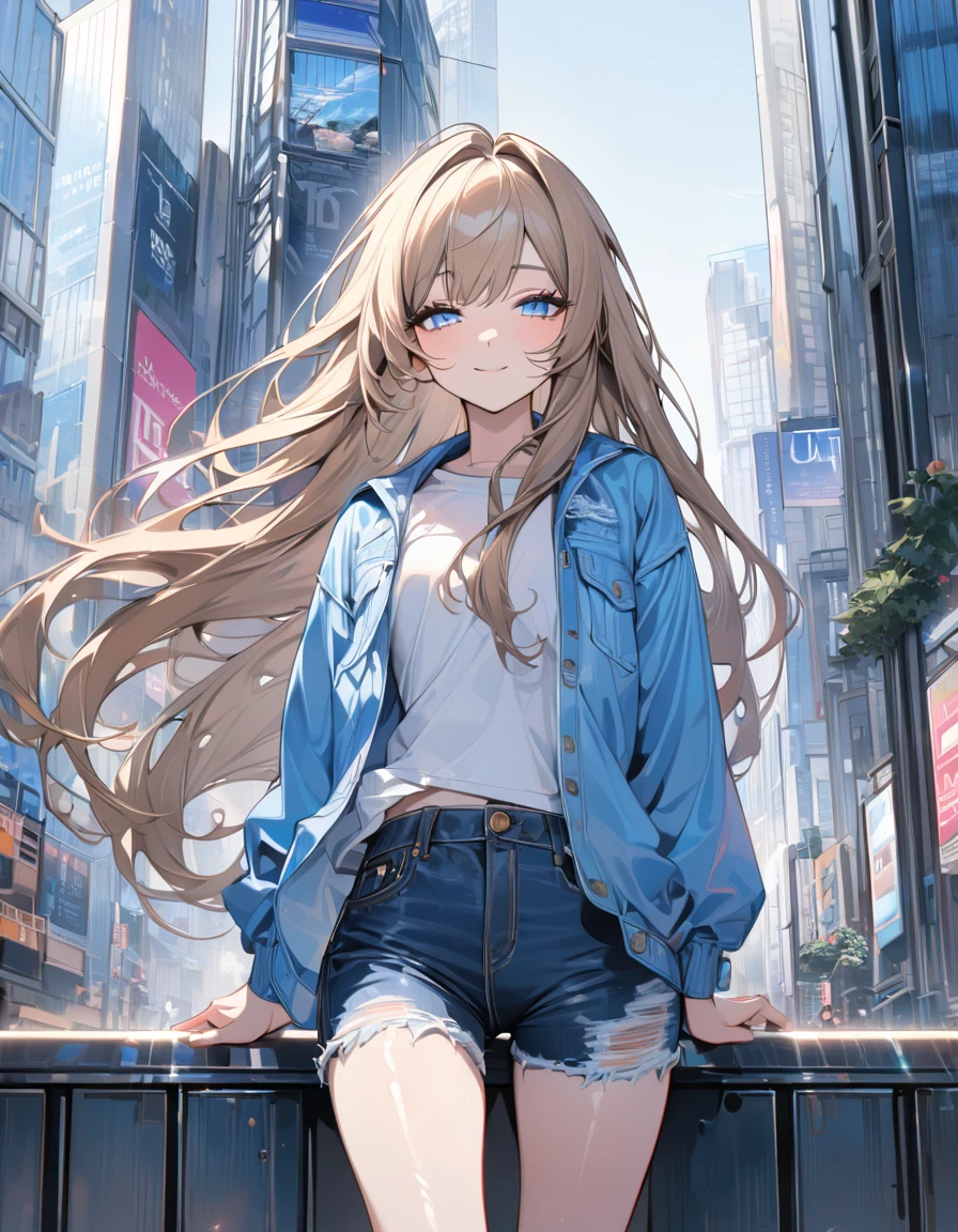 (masterpiece)、(absurdres)、(ultra detailed)、(8k)、solo lady、dark blonde hair:1.2,(straight long hair)、BREAK、(shiny blue eyes:1.0)、BREAK、(athletic)、[flat chest]、BREAK,Light-jacket,denim short-pants,BREAK,Modern city、BREAK,cowboy shot,half-closed eyes,smile,Expressionless、