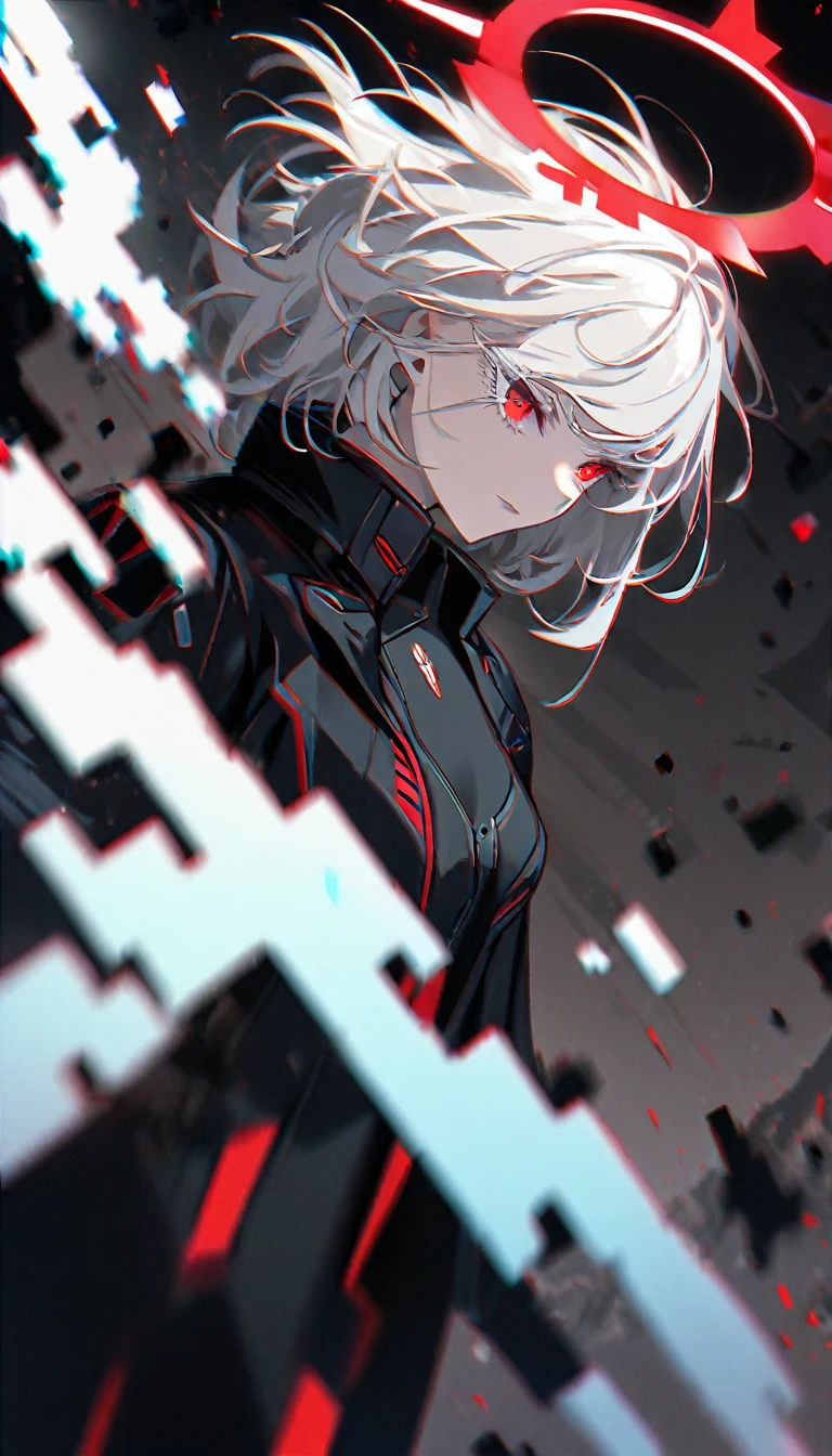 1girl, white hair, wild hair, red eyes, (white eyelashes:1.2), emotionless, red glow halo, mature, black coat, short hair, (chromatic aberration:1.2), reality break, destruction city, solo, (evil godness:1.2), digital dissolve, dynamic pose