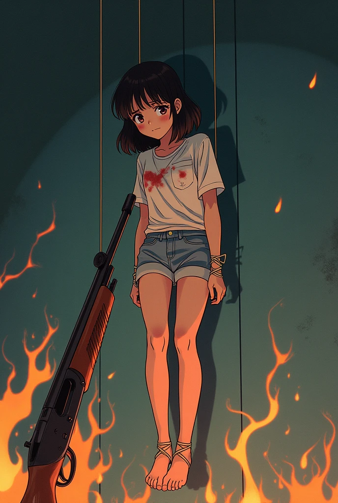 Make a 16 year old girl tied hand and foot with threads, and those threads are connected to the trigger of a shotgun. I want the drawing style to be like that of 80s animes. The girl has to be tied to a wall, on tiptoe, that the feet do not reach the ground. I want the threads to be visible, and the girl is depressed. Also that the girl is covered in blood, that he has blood on his clothes and flames of fire around him and that the shotgun is pointed at his head