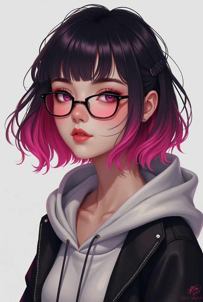 r woman of one meter sixty a little chubby, Medium length hair with pink dyed tips, glasses
