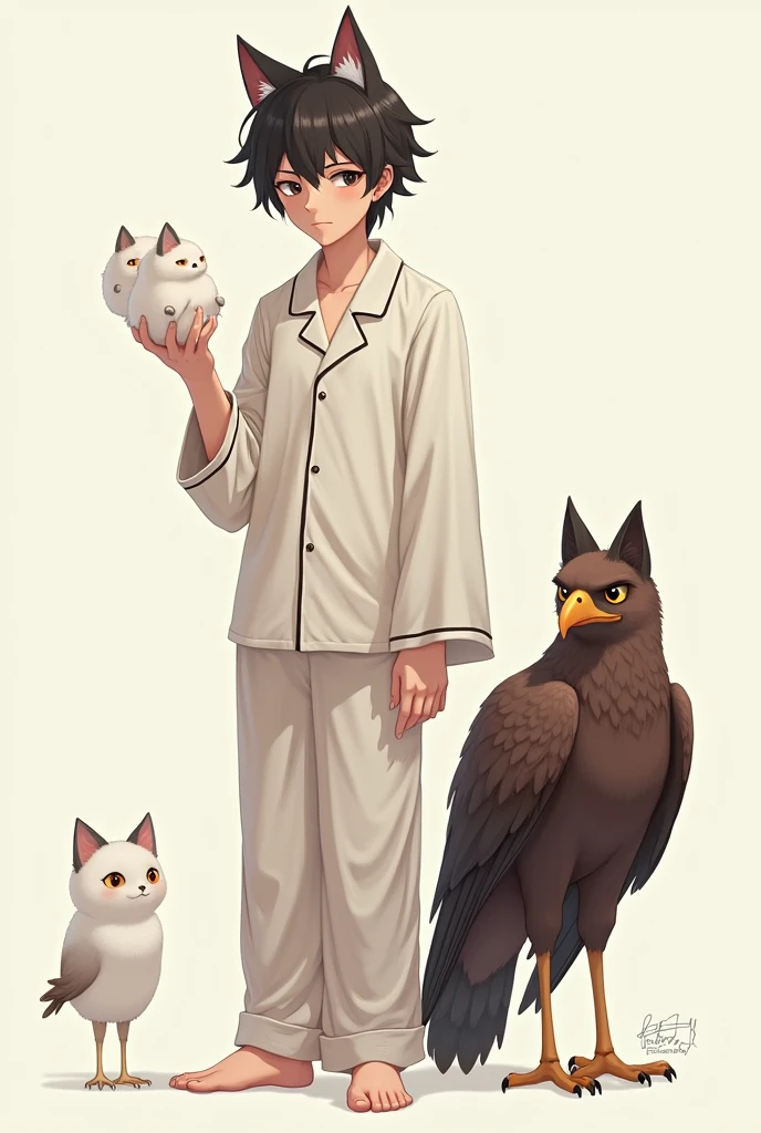 An anime-like character that looks like reality and is dressed in pajamas with an ump in his hand with a white eagle next to him that has cat eyes and is a little effeminate
