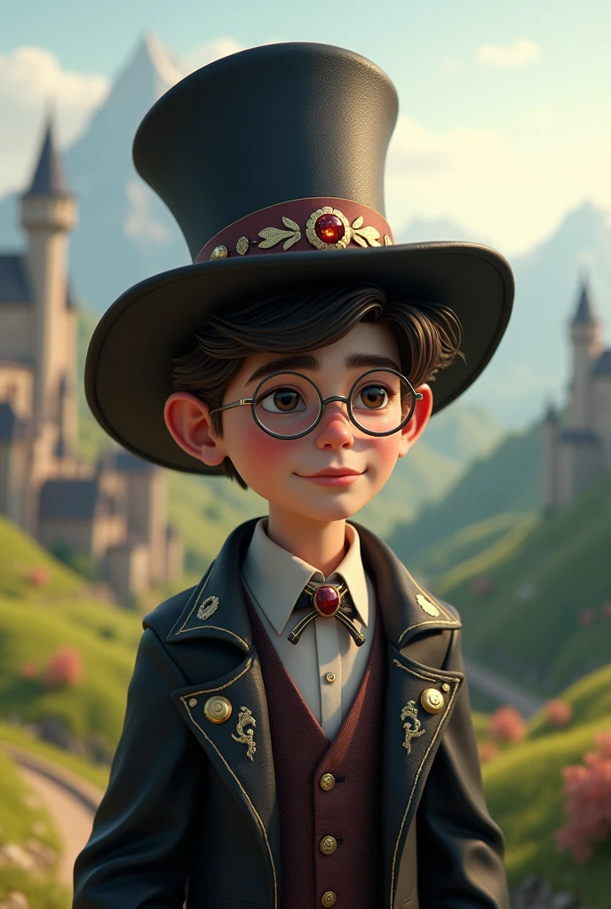 29 year old boy who is a magician, who has a magician's hat, and has glasses in a medieval world