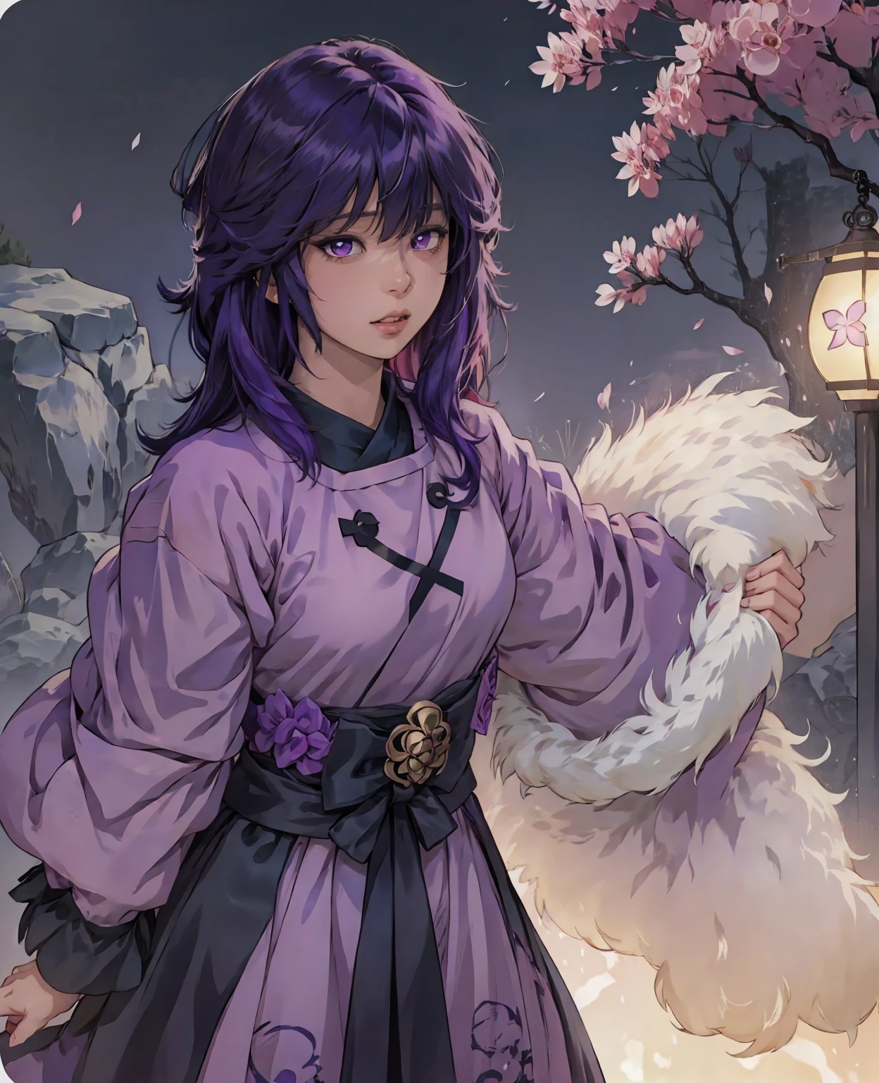 anime girl with purple hair and purple eyes in a purple outfit, ayaka genshin impact, [[[[grinning evily]]]], akasuki voidstar, onmyoji portrait, hajime yatate, anime moe artstyle, portrait knights of zodiac girl, keqing from genshin impact, ayaka game genshin impact