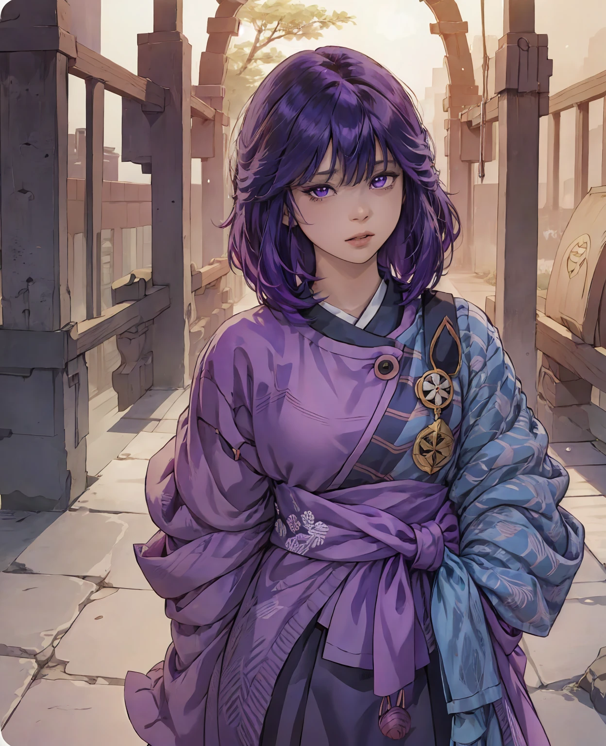 anime girl with purple hair and purple eyes in a purple outfit, ayaka genshin impact, [[[[grinning evily]]]], akasuki voidstar, onmyoji portrait, hajime yatate, anime moe artstyle, portrait knights of zodiac girl, keqing from genshin impact, ayaka game genshin impact