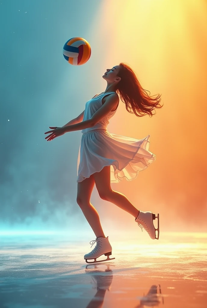 

*Title:* Points and turns

*Image:* An image that combines elements of volleyball and figure skating. For example, A photo of a girl jumping to finish a point in volleyball, while another skates in the background, creating a circle of ice surrounding the volleyball court.

*colors:*

- Fund: A gradient that goes from light blue (representing the skating rink) to deep orange (Representing the passion and energy of volleyball).
- Title: White or silver, to stand out against the background.

*Additional Elements:*

- A volleyball with shoes and a figure skater intertwined, symbolizing the union of the two protagonists and their passions.
- A subtitle that captures the essence of the story, as "A love that goes beyond the court and the track