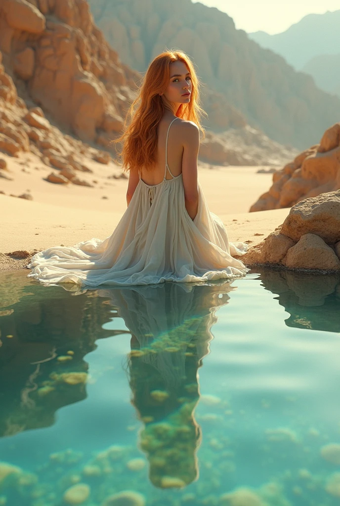 Option 1: A Desert Oasis
Description: "She was a mirage made manifest, a vision of ethereal beauty in the heart of a sun-baked desert. Her hair, once a fiery red, was now bleached to a soft blonde by the relentless sun, framing a face that was both delicate and weathered. Clad in a flowing white gown, she sat at the edge of a crystal-clear oasis, her reflection shimmering on the water's surface. The contrast between her delicate form and the harsh, barren landscape was striking, and yet, she seemed perfectly at home."
Option 2: A Wanderer's Rest
Description: "Beneath a canopy of palm trees, she found respite. Her journey through the desert had taken its toll, but her spirit remained unbroken. Dressed in earthy tones, she blended seamlessly with the natural surroundings. A small, silver locket dangled from her neck, a reminder of a life left behind. Her eyes, once filled with uncertainty, now held a serene calm as she gazed out at the endless horizon."
Option 3: A Desert Queen
Description: "She was the queen of this arid kingdom. Dressed in gold and jewels, she sat upon a throne of sand, her silhouette outlined against the setting sun. Her hair, a cascade of dark curls, flowed down her back like a waterfall. In her hand, she held a golden goblet, filled with the elixir of life. Her expression was one of both power and solitude, a ruler of a desolate realm."
Would you like me to explore one of these options further, or perhaps combine elements from different scenes?

Here are some additional elements we could consider adding:

Wildlife: A desert snake, a hawk circling overhead, or a family of gazelles.
Artifacts: An ancient artifact, a forgotten diary, or a piece of jewelry.
Atmosphere: Mysterious, romantic, haunting, or hopeful.
Symbolism: The desert as a metaphor for life, loss, or rebirth.