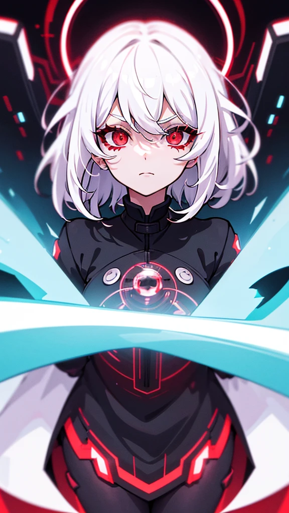 1girl, white hair, wild hair, red eyes, (white eyelashes:1.2), emotionless, red glow halo, mature, black coat, short hair, (chromatic aberration:1.2), reality break, destruction city, solo, (evil godness:1.2), digital dissolve, dynamic pose