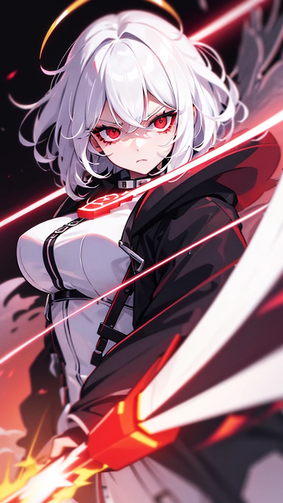 1girl, white hair, wild hair, red eyes, (white eyelashes:1.2), emotionless, red glow halo, mature, black coat, short hair, (chromatic aberration:1.2), reality break, destruction city, solo, (evil godness:1.2), digital dissolve, dynamic pose