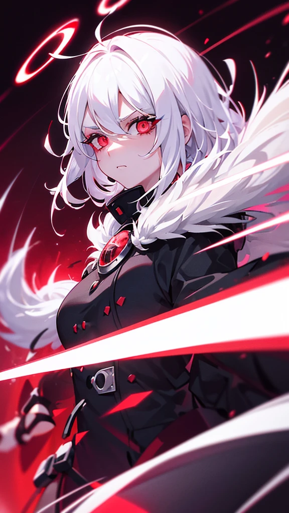 1girl, white hair, wild hair, red eyes, (white eyelashes:1.2), emotionless, red glow halo, mature, black coat, short hair, (chromatic aberration:1.2), reality break, destruction city, solo, (evil godness:1.2), digital dissolve, dynamic pose