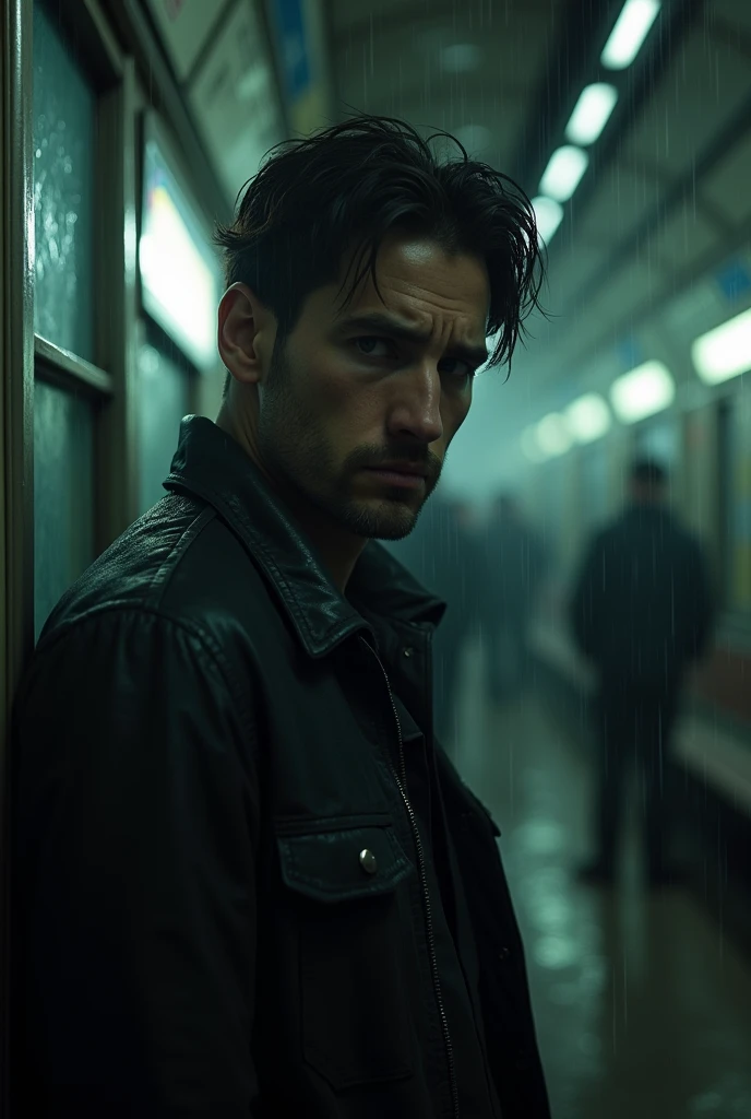 A man with a broken heart because the one he loves doesn't love him in the middle of the rain on the subway