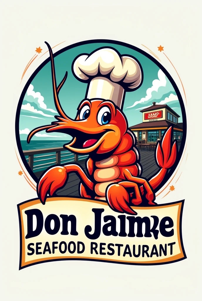 A company logo that says " Don Jaime Seafood Restaurant" in which you can see a shrimp with a chef's hat and that looks more lively and that in the background you can see a restaurant and the sky in the style of " don cameron "