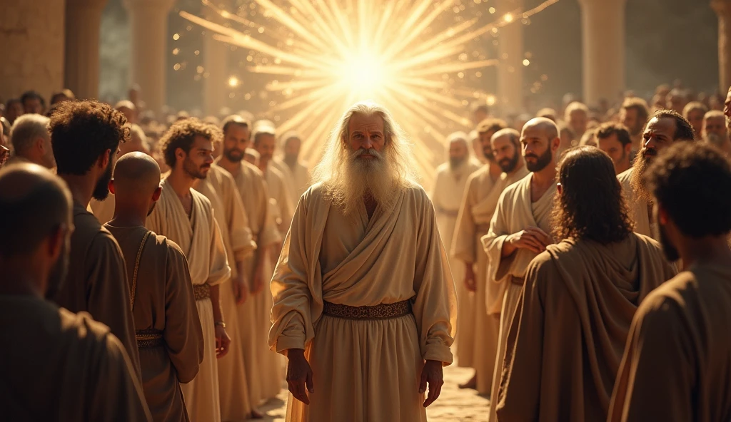 prophet Enoch, Man with white beard, age between 70 years, crowd of men saw a bright light, next to Enoch