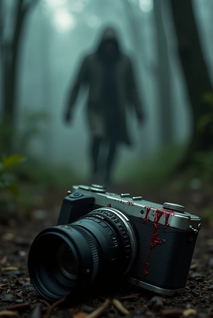 A photo from João&#39;s camera, fallen to the forest floor, with the cracked lens and blood stains, and something scary in the shape of a man walking away backwards