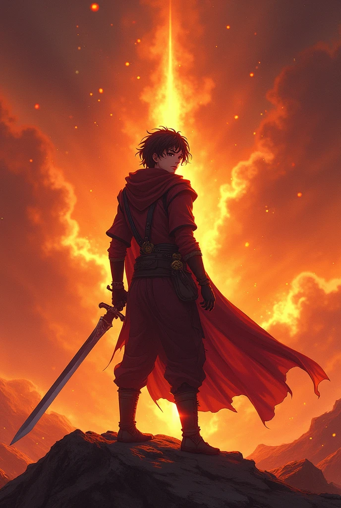 An RPG game cover featuring a young man with medium-length hair in a hero pose with his sword raised and his back to the screen., in a kingdom of flames
