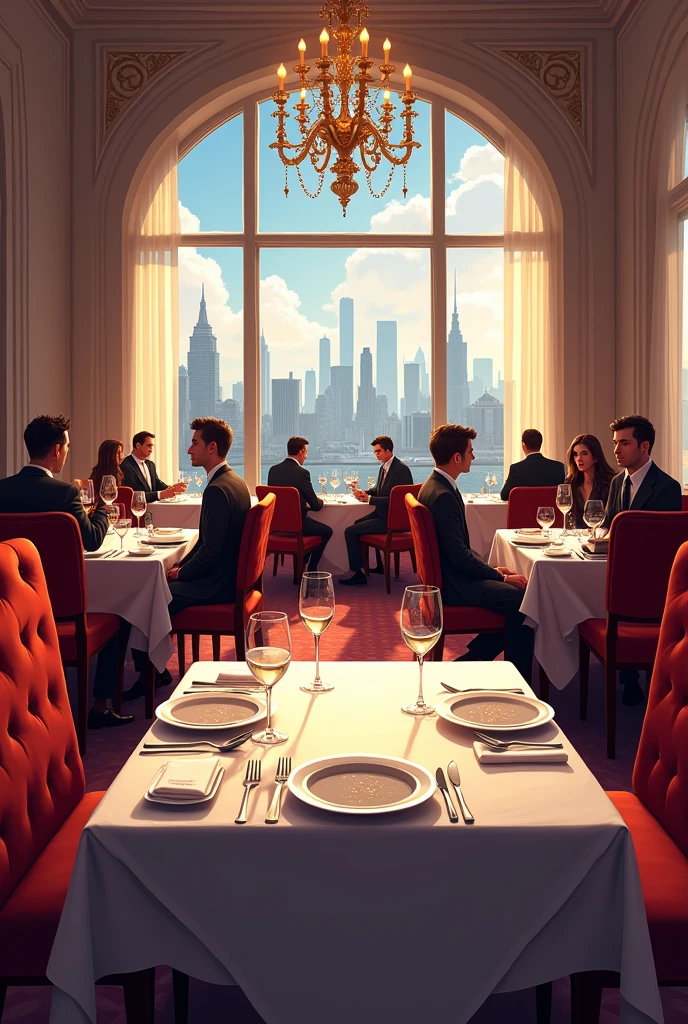 Ilustración digital de restaurante elegante pov: table with a background w people 