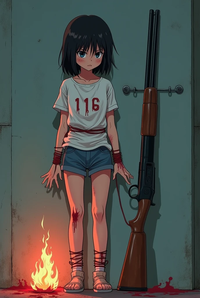 Make a 16 year old girl tied hand and foot with threads, and those threads are connected to the trigger of a shotgun. I want the drawing style to be like that of 80s animes. The girl has to be tied to a wall, on tiptoe, that the feet do not reach the ground. I want the threads to be visible, and the girl is depressed. Also that the girl is covered in blood, that he has blood on his clothes and flames of fire around him and that the shotgun is pointed at his head