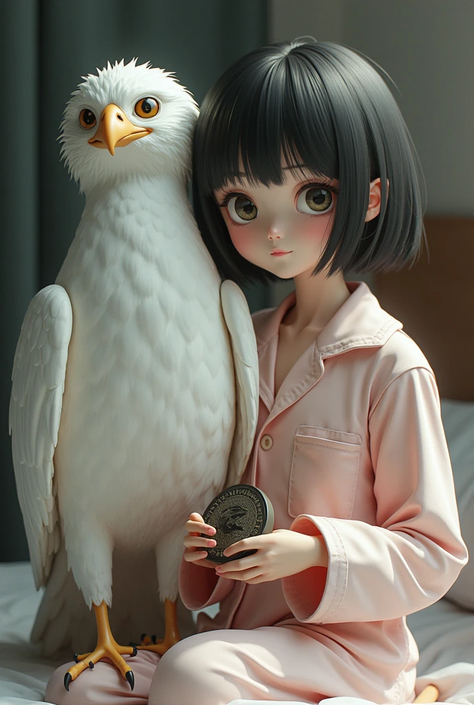An anime-like character that looks like reality and is dressed in pajamas with an ump in his hand with a white eagle next to him that has cat eyes and is a little effeminate