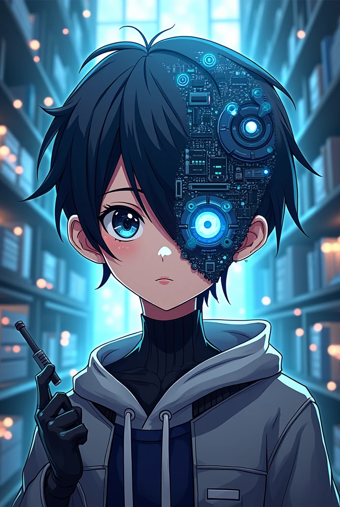 Create a logo image for your Facebook page profile ( technological color image, that has to do with school, education, book reading, newspaper, cellular, computer) put in the logo, the face of an anime style boy, the boy's face, metade humano, half robot.