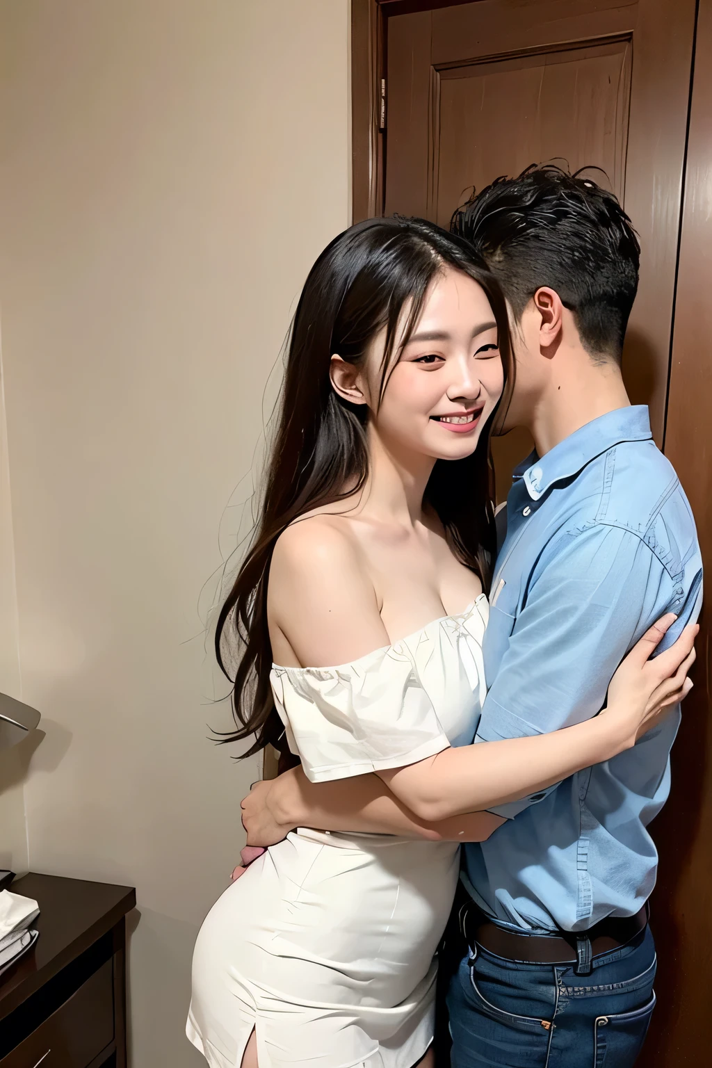 masterpiece,Highest quality,Advanced Details,1 male,1 female,((Hotel Bedroom:1.4))、((A smiling Japanese woman with straight medium-long hair:1.4)),((A woman wearing a white short-sleeved off-the-shoulder cotton shirt and a denim miniskirt:1.4)),Japanese middle-aged 1 male,Black Haired Man,A man in a white dress shirt is very handsome,((Man hugging woman'head:1.4)),The Woman is short,The man is tall,Reflects the height difference between men and women,The Woman'height: 160cm.,The man's height is 175cm.,Man touching woman's head:1.7、((They are standing in an empty room:1.5))、Women play a leading role、Women are skinny,Small breasted women、((smile:1.5))、