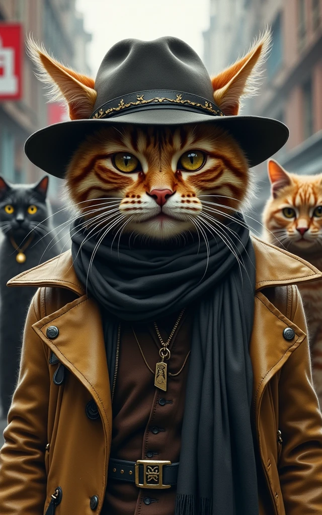 Painting of cat in hat and scarf, trendy in art station, punk dressed, detailed hyper-realistic rendering, British gang members, street style, intimidating pose, planet of cats, trendy clothes, urban samurai, meow, western slavic features, 8 1 5