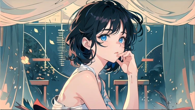 Create an illustration of black hair and blue eyes, sitting in a chair in front of a desk, Sentimental, Introspective look。, The moonlight gently shines into the room, Gently illuminate the space, Curtains sway in the wind, Increase tranquility, Dark mood, Emphasise the theme of loneliness, silence, And the depths of night, The room is dark、dimly lit by the moonlight