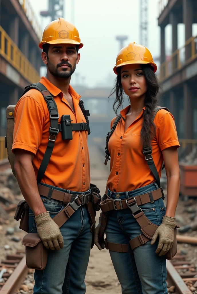 (photorealism:1.2), A boy (man) and a girl (women), mexicans, both 27 years old, welders, Orange shirt, jeans, in the background construction, with load belt, safety helmet, black cargo belt, harness