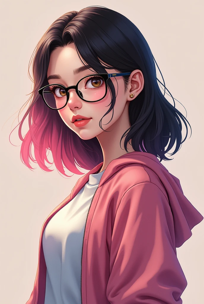 Teenager woman of one meter sixty with a fat body, Medium length hair with pink dyed tips, glasses