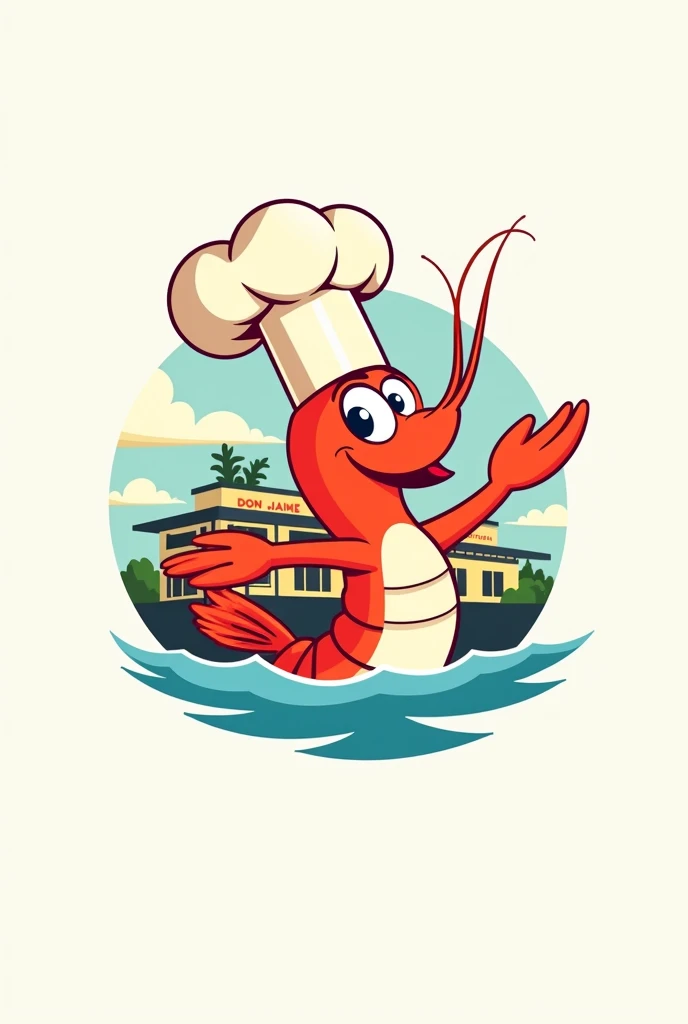 A company logo that says " Don Jaime Seafood Restaurant" in which you can see a shrimp with a chef&#39;s hat and that looks more lively and that in the background you can see a restaurant and the sky in the style of " don cameron " and the logo is a little minimalist 

