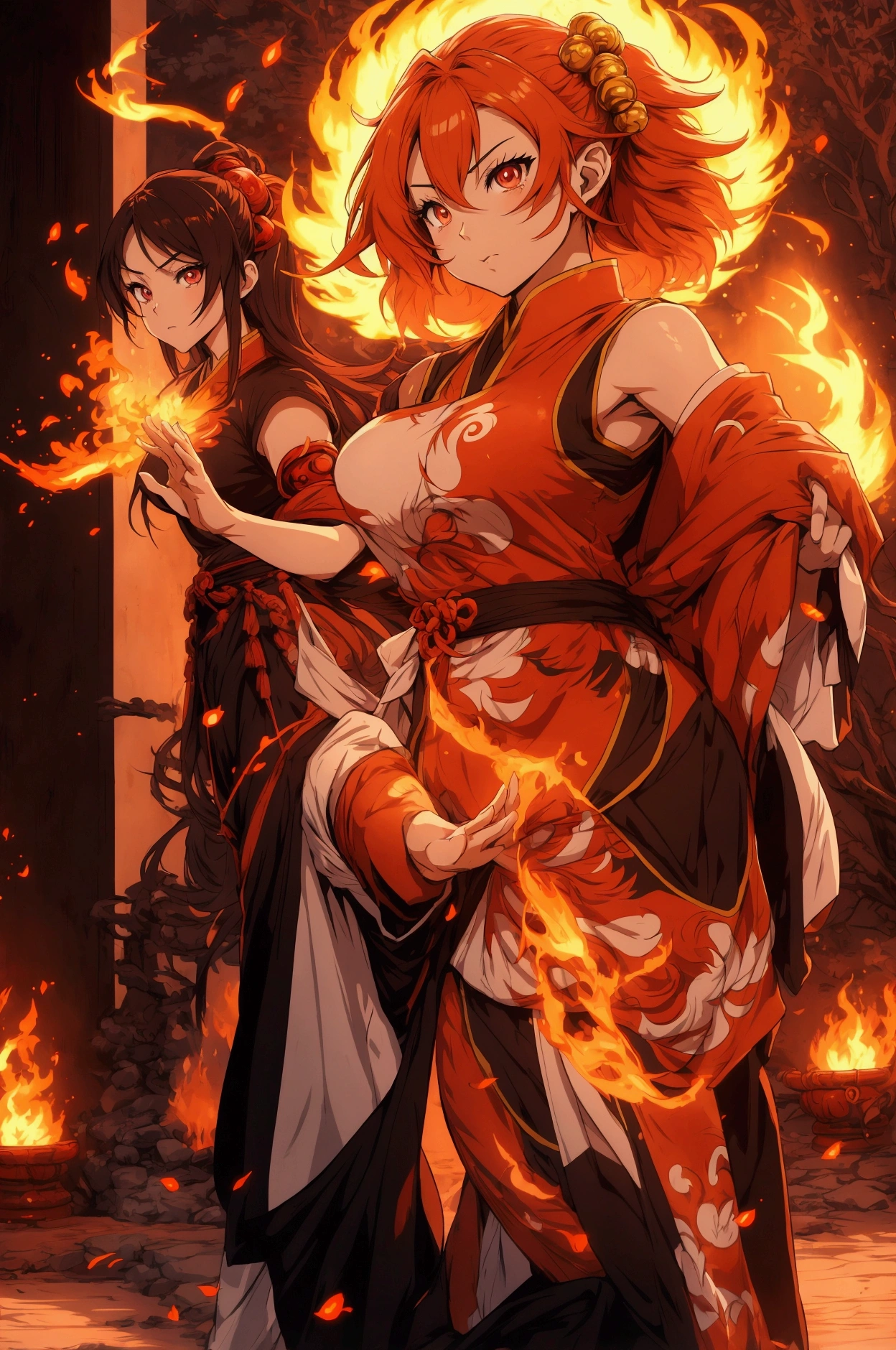 anime style, fighting game female fire monk, chinise fightning clothing, action kick pose, fire elemental, fire manipulation, temple background, gorgeous anime woman, big anime eyes, cute anime face