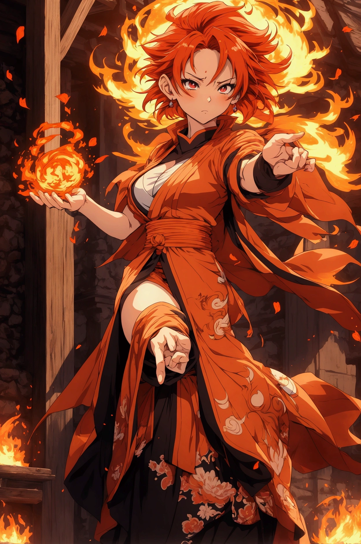 anime style, fighting game female fire monk, chinise fightning clothing, action kick pose, fire elemental, fire manipulation, temple background, gorgeous anime woman, big anime eyes, cute anime face