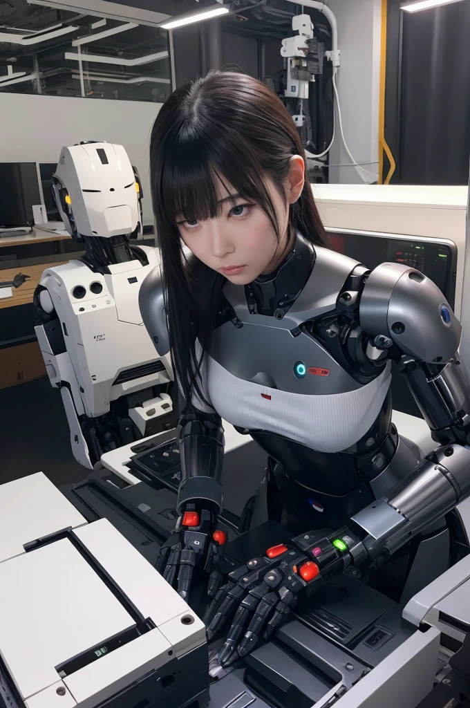 masterpiece, best quality, extremely detailed, Japaese android couples,two individuals,Plump ,（lying on an operating table:1.4）,（kissing on an, operating table:1.3）control panels,android,Droid,Mechanical Hand, Robot arms and legs, Black hair,Blunt bangs,perfect robot girl,long tube,thick cable connected her neck,android,robot,humanoid,cyborg,japanese cyborg girl ,robot-assembly plant,She is assembled now,assembly scene,chest monitor,rolling eyes