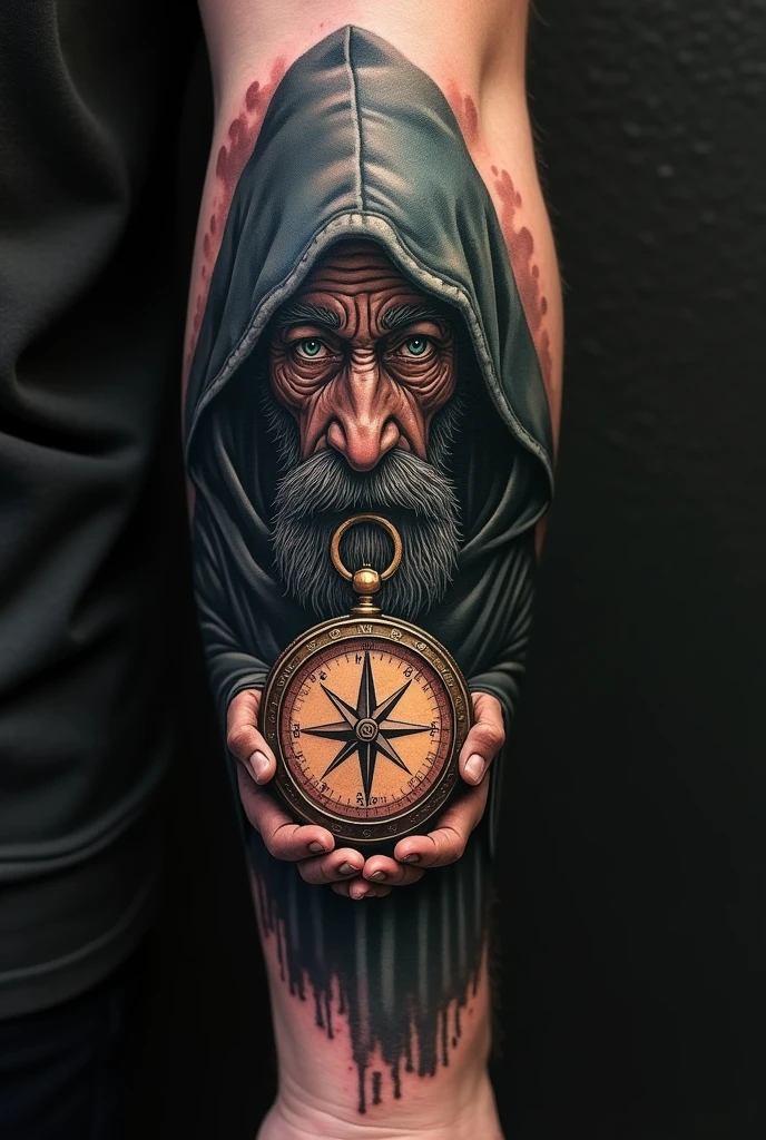 Create a forearm tattoo with a "old alchemist with hood"  holding a compass and inside the compass a knife indicating north with dark colors . 
