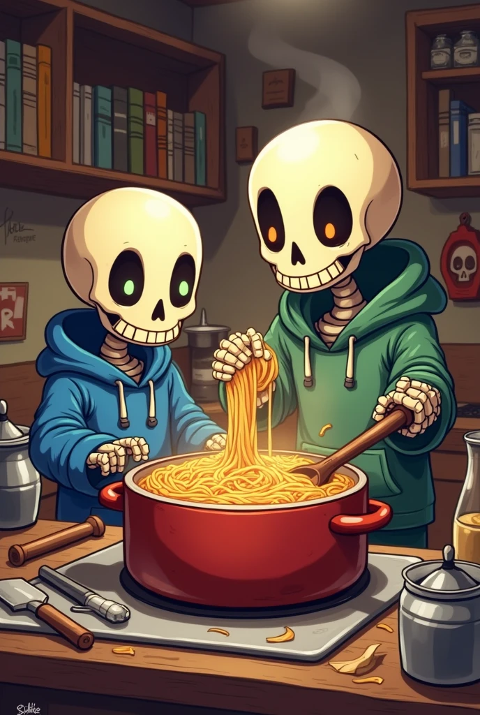 Draw me Sans the skeleton with his brother Papyrus cooking spaghetti