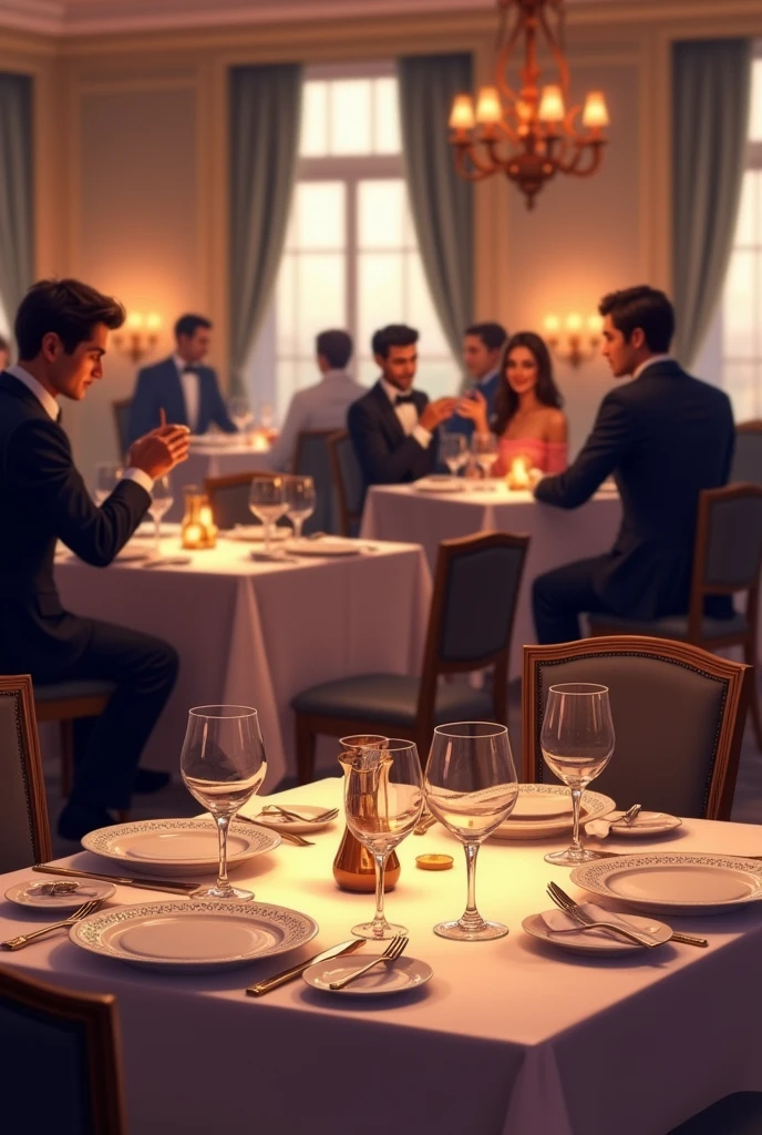 Ilustración digital de restaurante elegante pov: table with a background w people
The pov must be a date but the chair Infront of the camera is empty