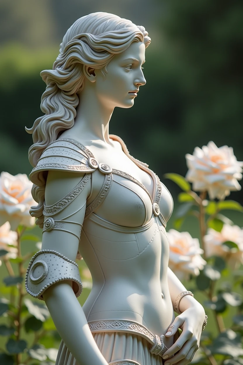 prompt (( clear landscape:1.2)), Garden, white roses, fountain, ((Statue of Marmore)), beautiful face, detailedeyes, Delicious lips, ( eyes large:1.0), (toned body:1.2), (Wavy hair), dressing ( soldier armor)