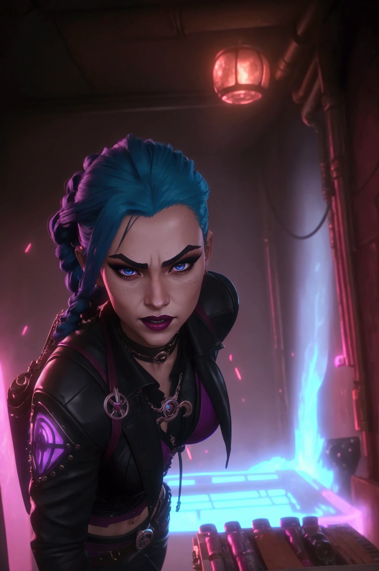 cinematic still image, Jinx League of Legends, sexy pose, detailed face, bright blue hair, smirking expression, red lips, light blue contact lenses, heavy eye shadow, thick eyeliner, prominent blush, black leather bra, black leather leggings, panties, braided belts, metal accents, rivets, armored plates, shotgun, detailed wooden warehouse, metal decorations, black backpack, red cord, chaotic background neon pink-purple tones, action shot, bright lighting, spread legs, panties, tight, cameltoe