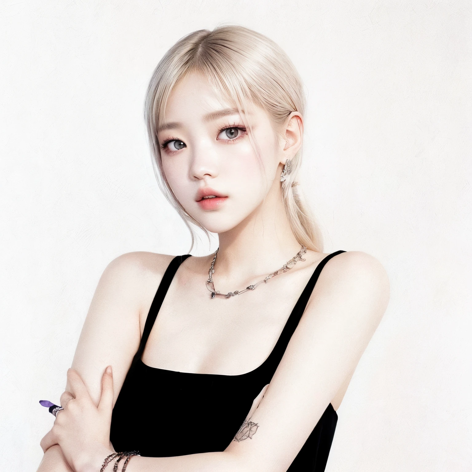 a close-up of a person with a microphone in his hand, jossi of black Rose, roseanne park of black Rose, portrait of jossi of black Rose, portrait jisoo black Rose, jisoo of black Rose, jisoo from black Rose, Aesthetic!!!!!! female genius, black Rose jennie, lalisa manoban of black Rose, bae suzy, Sun Yunjoo, black Rose, lalisa manobal, Korean idol with light eyes and pale skin, one grey eye and one violet eye with black ones