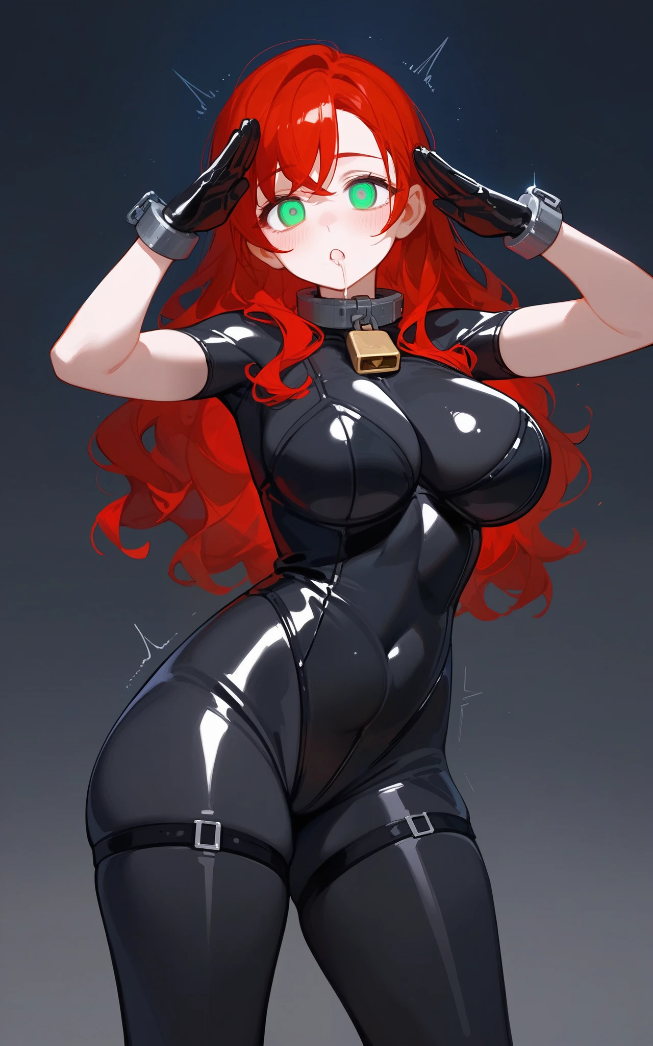 1 girl, best quality, masterpiece, red hair, green eyes, dull empty eyes with purple glint, hypnotized, mind control, wavy hair, black latex bodysuit, shiny latex bodysuit, latex gloves, latex ballet heels, metal cuffs on wrists, metal collar with lock, big breasts, big thighs, big butt, hourglass figure, standing upright, at attention, legs together, saluting with right arm, sharp army salute, left hand rubbing crotch, drooling, blushing, body quivering