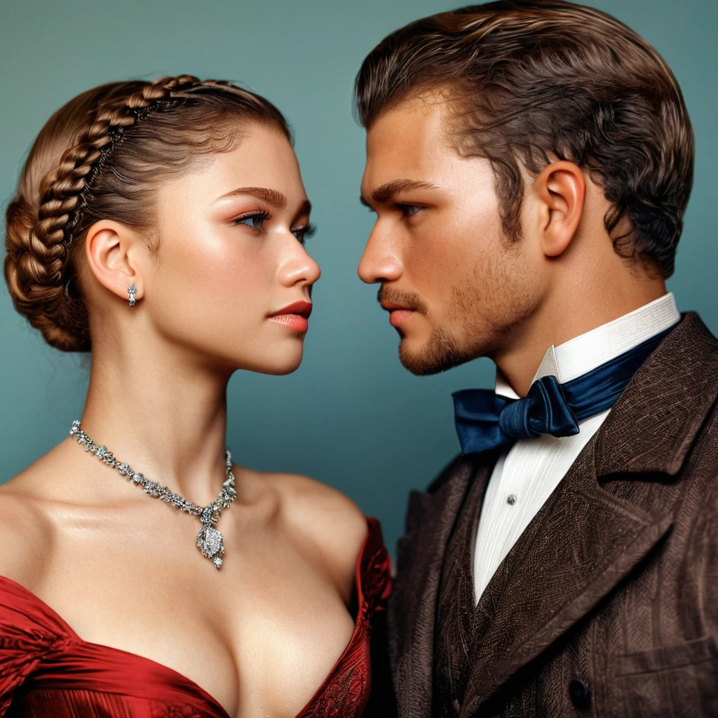 Super handsome man and woman Victorian era caucasian man, about 26 years old, very handsome and manly with a kind look, buzz cut, blue eyes blonde hair, looking alike Drew Starkey the actor, with a 24-year-old woman of colour Tyla looking alike with brown eyes, a diamond, beautiful face, very beautiful, braided dark hair, perfect breasts red dress, almost kissing, touching their lips and looking at each other with love, showing that rapport between them. and in the background something emblematic of the Victorian era. all very detailed
