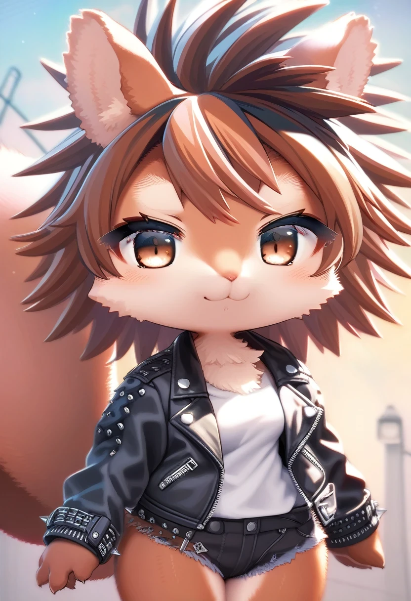 ((Masterpiece)), ((Best Quality)), (Very Detailed), ((Very Detailed)), 4K, (8K), very aesthetic, absurdres highres, 1 woman, (anthropomorphic squirrel, furry, kemono:1.5), chibi, Draw a woman with the style of a (Punk Fashion:1.5), Black Leather Jacket,